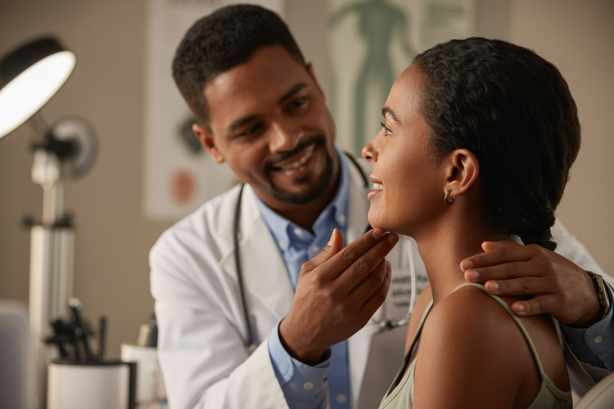 Dermatologist examining a patient with darker skin during a professional skin check